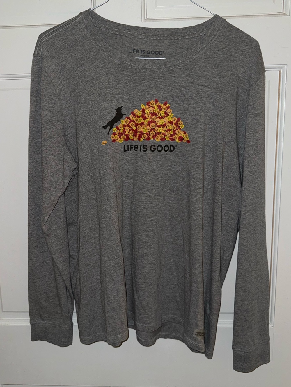Life Is Good Women's Grey Long Sleeve Tee with Yellow & Red Pile Graphic
